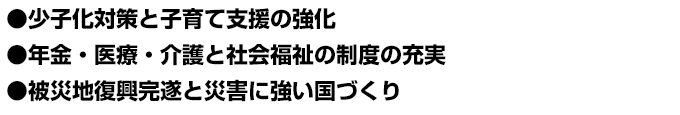 ●少子化対策と子育て支援の強化 ●年金・医療・介護と社会福祉の制度の充実 ●被災地復興完遂と災害に強い国づくり